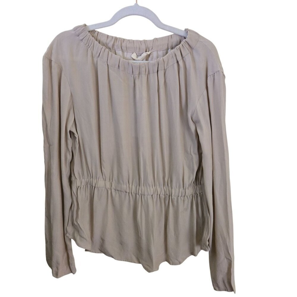 Gróa NWT 100% Silk Beige Slapstick Round Neck/ Waist Long Sleeve Blouse Size M E